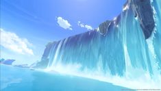 an animated image of a waterfall in the middle of blue water with clouds above it