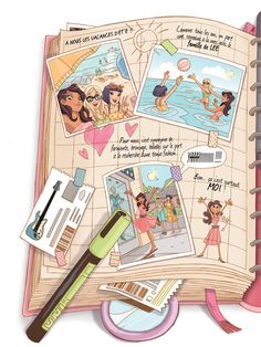 an open book with pictures on it next to scissors and other items in front of it