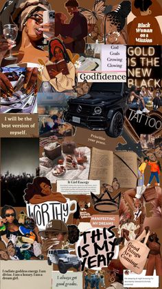 the collage shows many different images and words