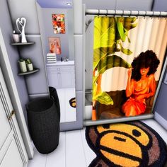 a bathroom with a monkey rug on the floor and a shower curtain in the corner