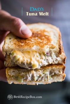 a close up of a sandwich with cheese on it and the words gooey, cheesy tuna melt