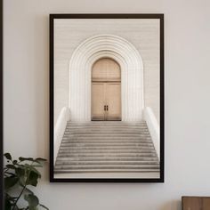 a framed photograph of stairs leading to an open door in a white room with a plant next to it