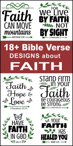 the bible verses with green leaves and red ribbon are shown in different font styles