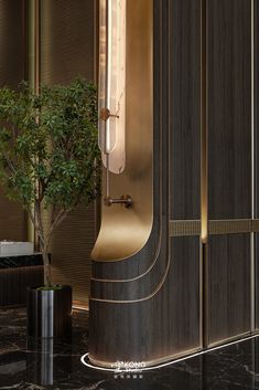 an elegant room with black marble flooring and gold trimmings, including a plant in the corner