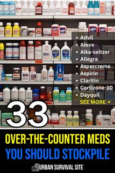 This is not a comprehensive list of all the medical supplies you should stockpile. Rather, it's a list of the most popular OTC medications that you can take orally (or in some cases, topically). The medications listed here should take care of all the most common ailments such as allergies, arthritis, congestion, constipation, cough, cramps, diarrhea, dizziness, fever, headache, heartburn, nausea, sore throat, runny nose, vomiting, and more. Emergency Folder, Kids Survival Skills, Survival Medicine, Doomsday Survival, Emergency Preparedness Kit