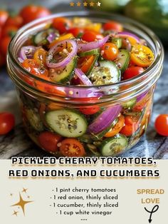 pickled cherry tomatoes, red onions, and cucumbers in a glass jar