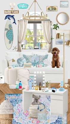 a dog sitting on top of a table in front of a mirror and other items