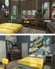 two different views of a bedroom and living room in the same house, each with a yellow bedspread