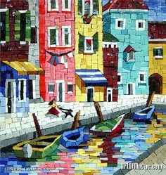 this is a mosaic painting of boats in the water and buildings on either side of the river