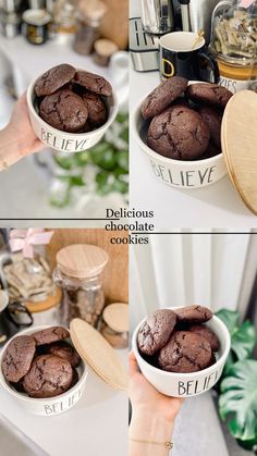 two pictures showing different types of chocolate cookies in white bowls with wooden spoons on the side