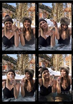 four pictures of two women in the snow drinking wine and having fun with each other