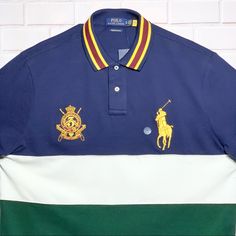 Polo Ralph Lauren Big Pony Riders Jockey Club Crest Shirt Custom Fit Preppy Multicolor Collared Top, Blue Collared Polo Shirt Preppy Style, Preppy Blue Collared Polo Shirt, Blue Collared Preppy Tops, Preppy Blue Collared Top, Preppy Blue Polo Collar Top, Preppy Blue Cotton Polo Shirt, Blue Ralph Lauren Polo Shirt, Big Pony Polo Shirt