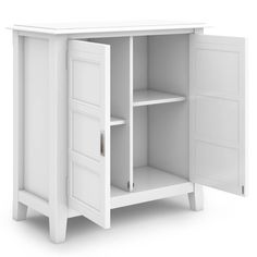 a white cabinet with two doors and shelves