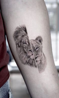 a lion and cub tattoo on the arm