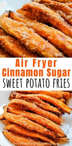 air fryer cinnamon sugar sweet potato fries on a white plate with text overlay