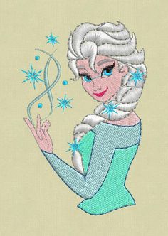 the embroidery design features an image of a frozen princess with blue hair and stars on her head