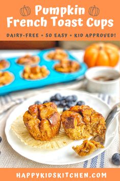 pumpkin french toast cups on a plate with blueberries