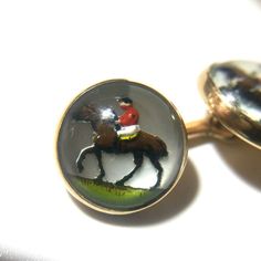 14K Gold  Reverse Carved Hand Painted Essex Style Crystal Jockey On Horse Equestrian Essex Cufflinks Classic Formal Jewelry With Horse Design, Essex Style, French Cuff, Horse Equestrian, May 13, Cuff Links, Chain Link, Equestrian, Cufflinks