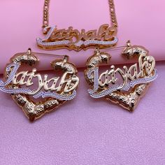 Item: 2023S0028 Material: Copper Color: Gold Necklcae Chain Length: 14",16",18",20",22" Process: Gold plated Recipient: Woman, Mom, Wife, Girl Friend, Children, Family Product Type: Personalized Jewelry Gift Type: Set Jewelry Occasions: Valentine's Day, Mother's Day, Children's Day, Christmas, Birthday, etc Jewelry Type: Name Necklace, Name Earrings Brand: Silviax Jewe Gold Heart Necklace For Mother's Day Party, Personalized Heart Shaped Jewelry For Parties, Personalized Heart-shaped Jewelry For Parties, Personalized Jewelry For Valentine's Day Party, Custom Name Gold Heart Necklace, Valentine's Day Silver Gold Plated Heart Necklace, Gold Metal Name Necklace For Valentine's Day, Gold Double Heart Necklace For Party, Metal Nameplate Jewelry For Party