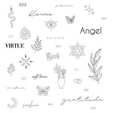 the back side of an angel tattoo with various symbols and words in black ink on white paper