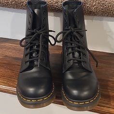 Size 38, Us 7. For Reference I'm A 7.5 And Can Wear These With Thick Socks And It's Very Comfortable. Barely Used. There Is A Slight Scuff On The Right Boot As Shown In Picture, But You Can't See It Looking At The Boot. These Are In Almost Perfect Condition. 9/10. Womens Doc Martens, Doc Martens Women, Dr Martens Black, Thick Socks, Almost Perfect, Dr Martens Shoes, Martens Shoes, Shoes Womens, Doc Martens