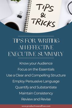 the tips and tricks for writing an effective executive summak, including focus on the essentials