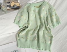 O-Neck Flower Pattern Solid Knitted Shirt – Tomscloth Cute V-neck Summer Sweater, Green Knit Short Sleeve T-shirt, Green Knit T-shirt For Summer, Green Short Sleeve Knit Sweater, Spring Green Knit T-shirt, Cute Grunge, Neck Flower, Knitted Shirt, Baby Tees Y2k