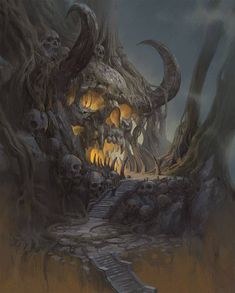 an image of a fantasy scene with skulls and stairs