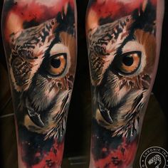 an owl tattoo on the left leg