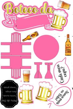 a bunch of stickers that are on top of a table with beer and other items