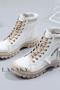 Lasaky - Martin Footwear: Stylish Round Toe Lace-up Chunky Heel Boots for Fashion Enthusiasts Trendy High Ankle Martin Boots In White, Trendy White High Ankle Martin Boots, Trendy White High-ankle Martin Boots, Trendy White Martin Boots For Winter, White Boots For Streetwear In Spring, Trendy White Winter Martin Boots, White Boots For Spring Streetwear, White Martin Boots With Round Toe For Streetwear, White High-top Martin Boots For Fall