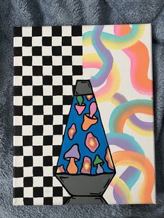 a painting of a blue and black vase on a checkerboard background with an abstract design