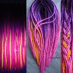 Merino wool DE (double ended) dreadlocks in merino wool. Each hand felted one by one only with natural soap and warm water. SEND me a note if you want BLACK roots Color of wool - OMBRE - dark purple to  1/5 set - UV Neon Purple Orange 4/5 set - UV Neon Purple Pink The average thickness of each dread is about 0.6 - 0.8 cm (0.3 inches) I dyed this set of dreads with professional dyes, so they are colorfast. These are the length options we offer: - SHORT (14-18 inches after folded in half) - the wh Braiding Hair Colors, Dreads Extensions, Ombre Dark, Yarn Braids, Wool Dreads, Black Roots, Flower Black, Tropical Flower