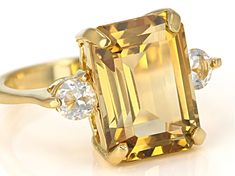 6.91ctw Emerald Cut Brazilian Citrine With 0.62ctw White Topaz 18K Yellow Gold Over Sterling Silver Ring. Measures approximately 0.75"L x 0.56"W x 0.25"H. 0.06" shank. Not sizeable. Yellow Topaz Ring, Stone Ring Design, Yellow Citrine Ring, Citrine Ring Engagement, Jewelry 2023, Rainbow Sparkle, Golden Rings, Citrine Jewelry, Citrine Ring