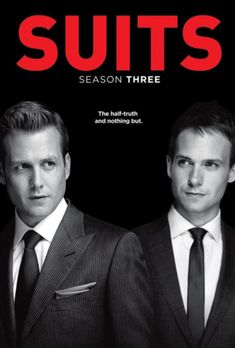 two men in suits standing next to each other on a black and white cover for suits season three