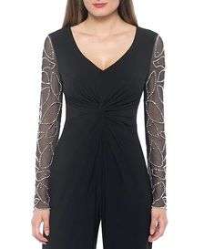 Marina Matte Jersey Sheer Beaded Long Sleeve V-Neck Knot Bodice Jumpsuit | Dillard's Embellished V-neck Jumpsuits And Rompers For Evening, Elegant Jumpsuit With Sheer Long Sleeves, V-neck Embellished Jumpsuits And Rompers For Evening, Elegant Embellished Long Sleeve Jumpsuits And Rompers, Elegant Long Sleeve Embellished Jumpsuits, Elegant Long Sleeve Cocktail Jumpsuits And Rompers, Elegant Long Sleeve Jumpsuits For Cocktail, Elegant Long Sleeve Jumpsuits For Cocktail Events, Jersey Jumpsuit