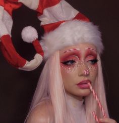 Winter Elf Makeup, Santa Elf Makeup, Peppermint Makeup Look, Christmas Character Makeup, Christmas Looks Makeup, Alt Christmas Makeup, Christmas Elf Makeup Looks, Scary Christmas Makeup, Mrs Claus Makeup