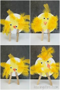 four different pictures of a yellow bird on a stick with feathers in it's beak