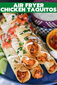 air fryer chicken taquitos on a blue plate