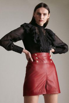 Leather High Waist Military Button Shorts Fall Bottoms With Buttons And Short Length, Fall Bottoms With Buttons In Short Length, Fall Short Length Bottoms With Buttons, Chic Fall Shorts With Button Closure, Button Shorts, Shorts Collection, Karen Millen, Fashion Face, Red Leather