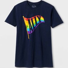 New Pride Gender Inclusive Adult 'Ally' Navy Short Sleeve T-Shirt Lgbtq Rainbow Sizing: Adult General Sizing Material: 100% Cotton Fit: Classic Fit Length: At Waist Garment Style: Short Sleeve, Pullover Neckline: Crew Item Style: Graphic Tees Garment Sleeve Style: Basic Sleeve Care And Cleaning: Machine Wash & Tumble Dry Casual Rainbow Pride Tops, Casual Rainbow Top For Pride, Rainbow Short Sleeve Top For Pride, Casual Cotton T-shirt For Pride, Pride Slogan T-shirt With Short Sleeves, Pride Slogan T-shirt Short Sleeve, Casual Pride Letter Print T-shirt, Casual Pride Crew Neck T-shirt, Casual Slogan T-shirt For Pride