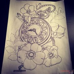 a drawing of an alarm clock surrounded by flowers