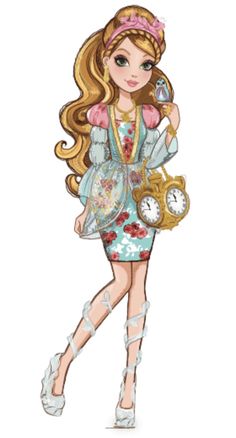 a drawing of a girl in a dress with a clock on her hand and purse