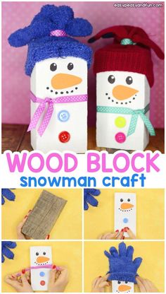 the snowman craft is made from toilet paper rolls and glue to make it look like they are wearing winter clothes