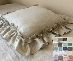 a pillow with ruffled edges on top of a bed next to color swatches