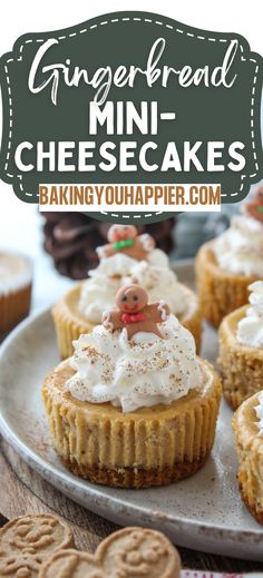 gingerbread mini cheesecakes on a plate with cookies in the background and text overlay