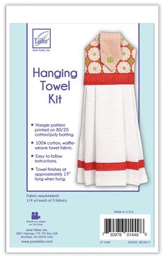 the sewing pattern for hanging towel kit is shown in white and red, with an orange trim