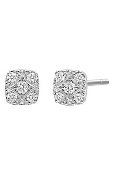 Ten twinkling white diamonds illuminate these stunning square stud earrings handcrafted in 18-karat white gold. 1/8"W x 1/8"L Total diamond weight: 0.1ct. Color: G Clarity: VS 18k gold/diamond Imported >Diamond Guide Elegant Diamond-shaped Diamond Earrings, Formal White Gold Diamond Earrings With Single Cut Diamonds, Formal White Gold Diamond Earrings With Single Cut, White Gold Diamond-shaped Earrings With Diamond Accents, Evening Sterling Silver Single Cut Diamond Earrings, Luxury Diamond Earrings With Cushion Cut And Accents, Diamond-shaped Diamond Earrings For Formal Occasions, Formal Diamond-shaped Diamond Earrings, Luxury Silver Cushion Cut Diamond Earrings