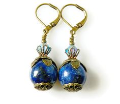 Victorian Lapis Earrings Lapis Lazuli Sapphire Blue by MsBsDesigns, $34.00 Blue Beaded Brass Earrings, Blue Handmade Spiritual Earrings, Handmade Blue Spiritual Earrings, Blue Spiritual Earrings For Gifts, Vintage Lapis Lazuli Jewelry For Gifts, Vintage Lapis Lazuli Jewelry As Gift, Vintage Lapis Lazuli Jewelry As A Gift, Handmade Royal Blue Round Beads Jewelry, Blue Beaded Brass Earrings As Gift