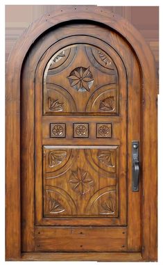 an ornate wooden door with metal handles